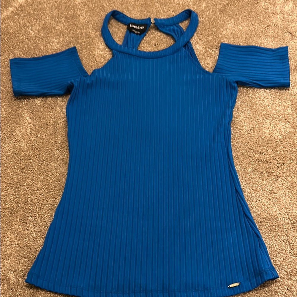Bebe Blue Ribbed Cap Sleeve Blouse with Cut Out